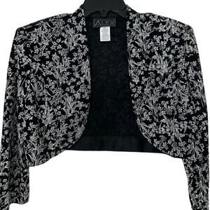 Alex Evenings Black Silver Metallic Shimmer Floral Bolera Jacket Lrg Evening Y2K